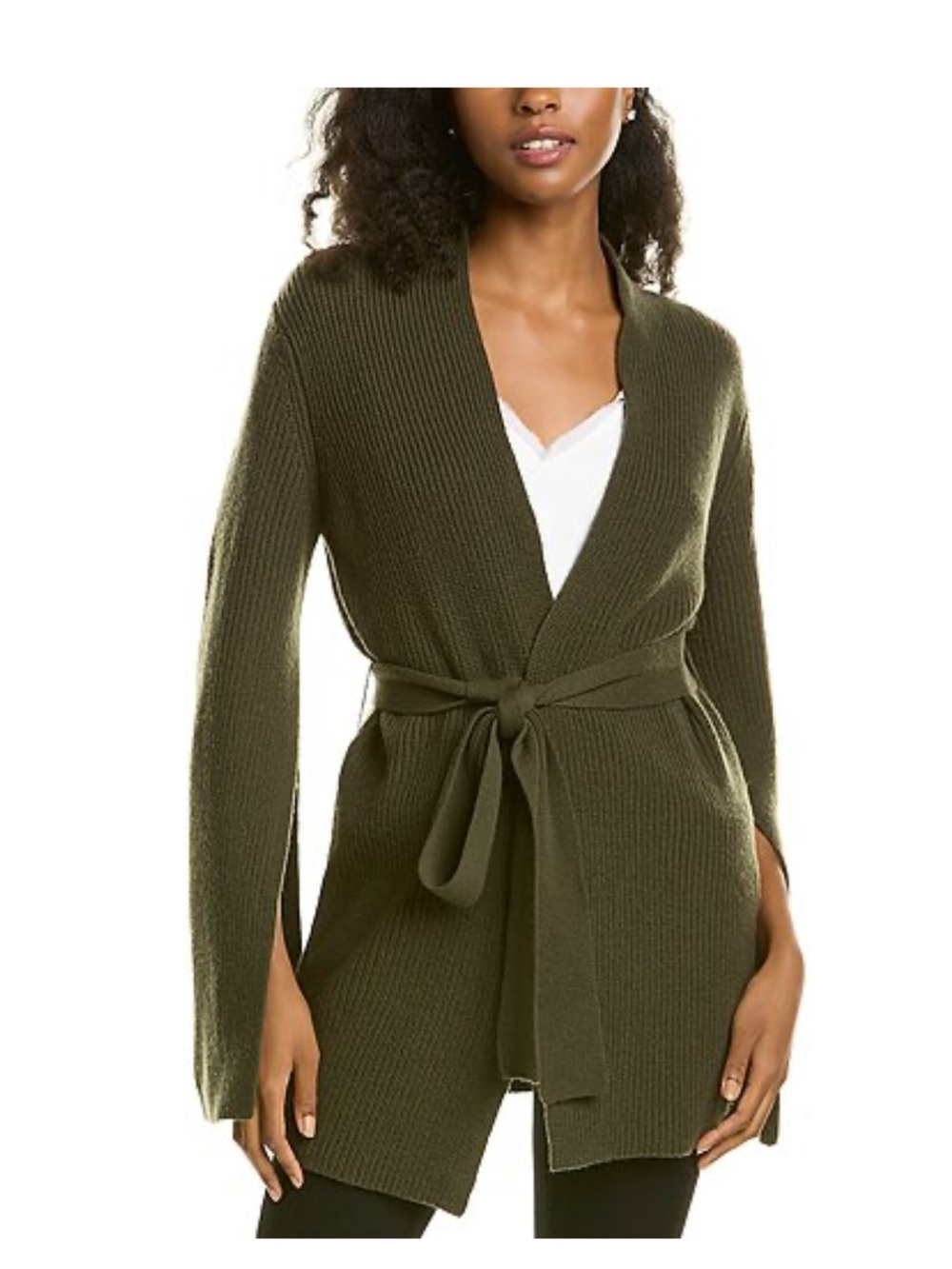 Halston Heritage Olive Wrap Belted Wool Cardigan